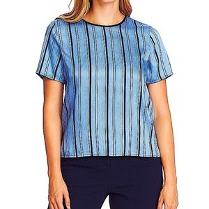 VINCE CAMUTO Stripey Interludes Blue Black Striped Blouse Medium EUC Round Neck